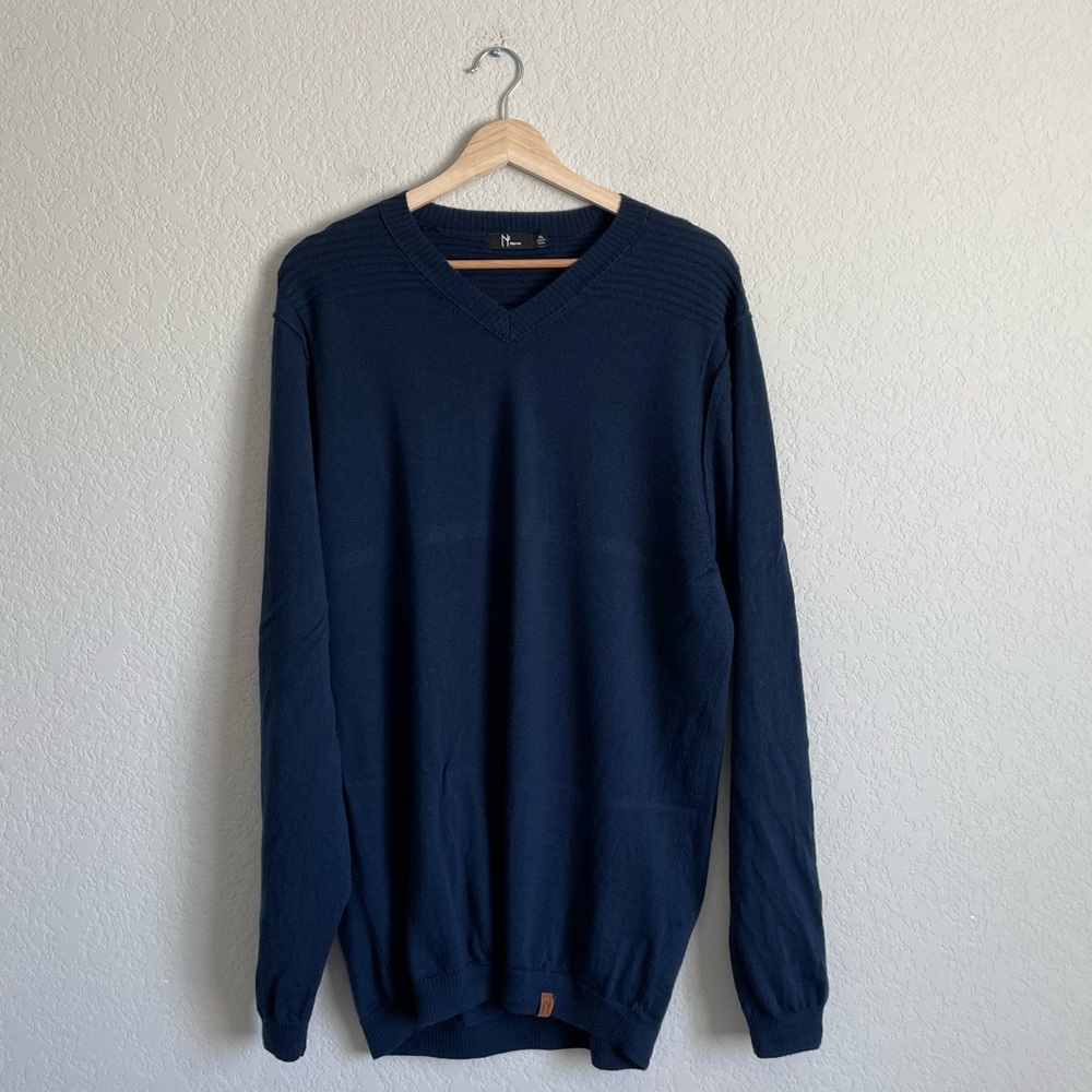 Neve Sweater Mens XL Navy 100% Merino Wool V Neck Ribbed Shoulders Knit Pullover